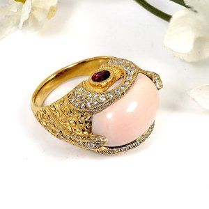 Oversized Ring - Gold Coral Cabochon Ring - Orient Motive Ring